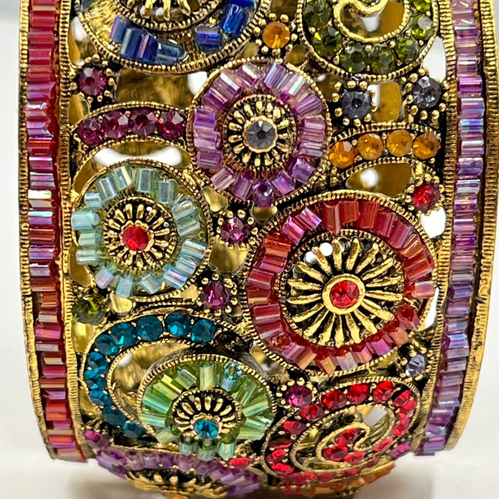 Vintage Gold Multi-Color Beaded Filigree Statement Cuff Hinged Bracelet Classic - Picture 6 of 7